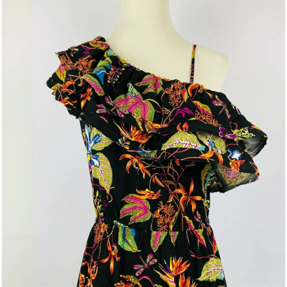 H & M Rainforest Floral Ruffle One Shoulder Viscose Dress size 6 - Picture 2 of 16